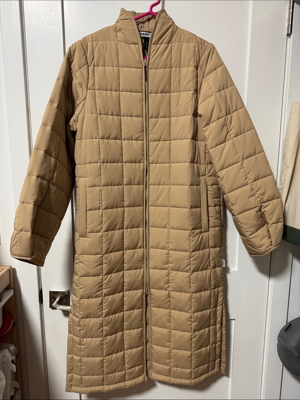 Rains Long Quilted Puffer Coat in Tan